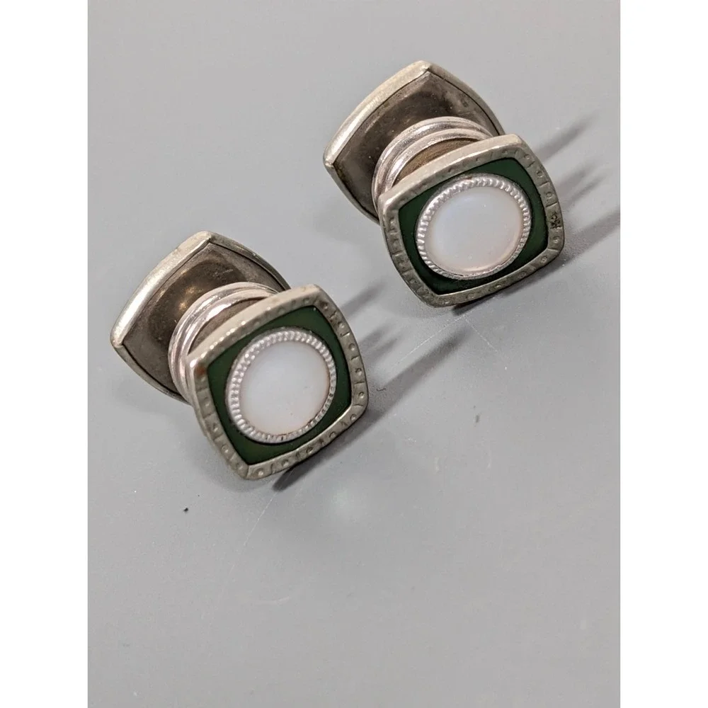 Vintage Green‎ Enamel MOP Round Inlay Square Snap Cufflinks